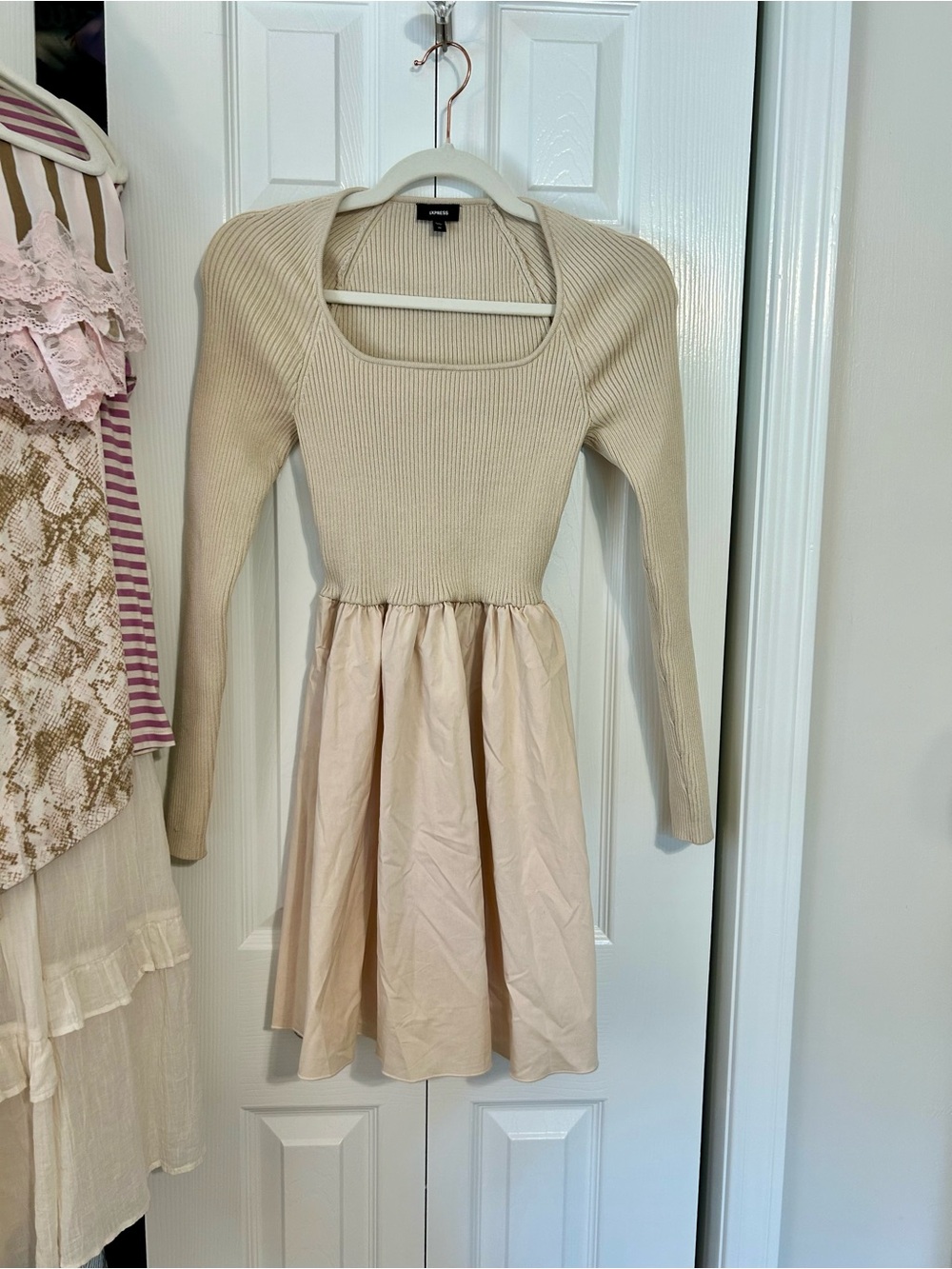 Express Cream Ribbed Knit Top with Gathered Skirt Dress